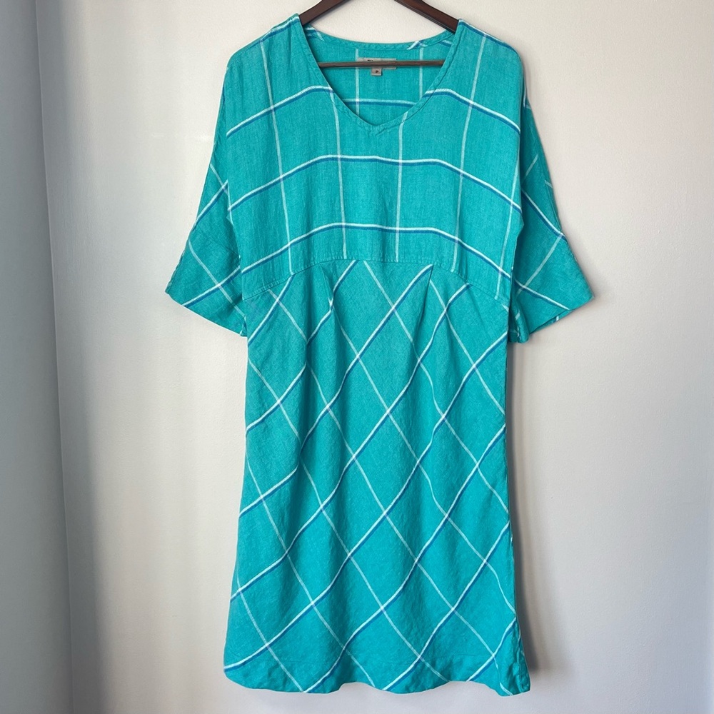 FLAX Women's XS Cyan Tattersall Plaid Dolman Midi Dress Linen Pockets Boho Chic